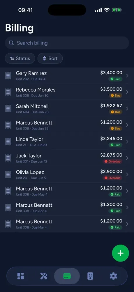 The Kelpic iPhone app billing screen listing tenant rent bills marked paid, due, and overdue