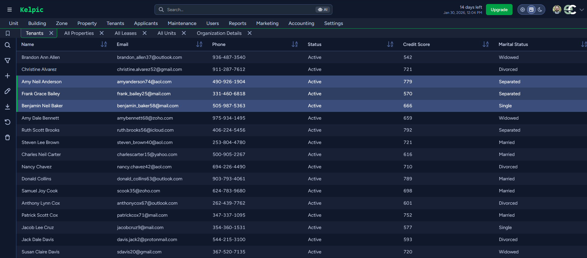 Kelpic tenant management interface showing tenant list with names, emails, phone numbers, credit scores, and status