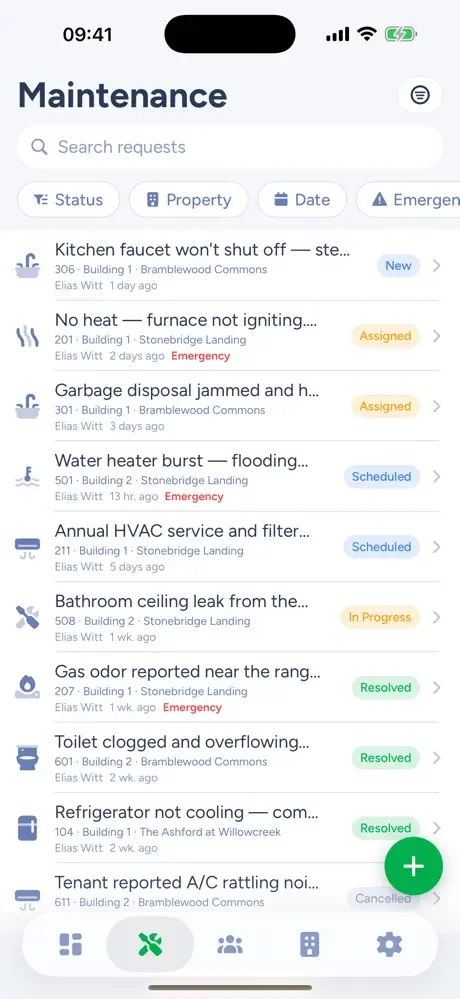 Kelpic rental property app maintenance screen listing requests by status across several properties