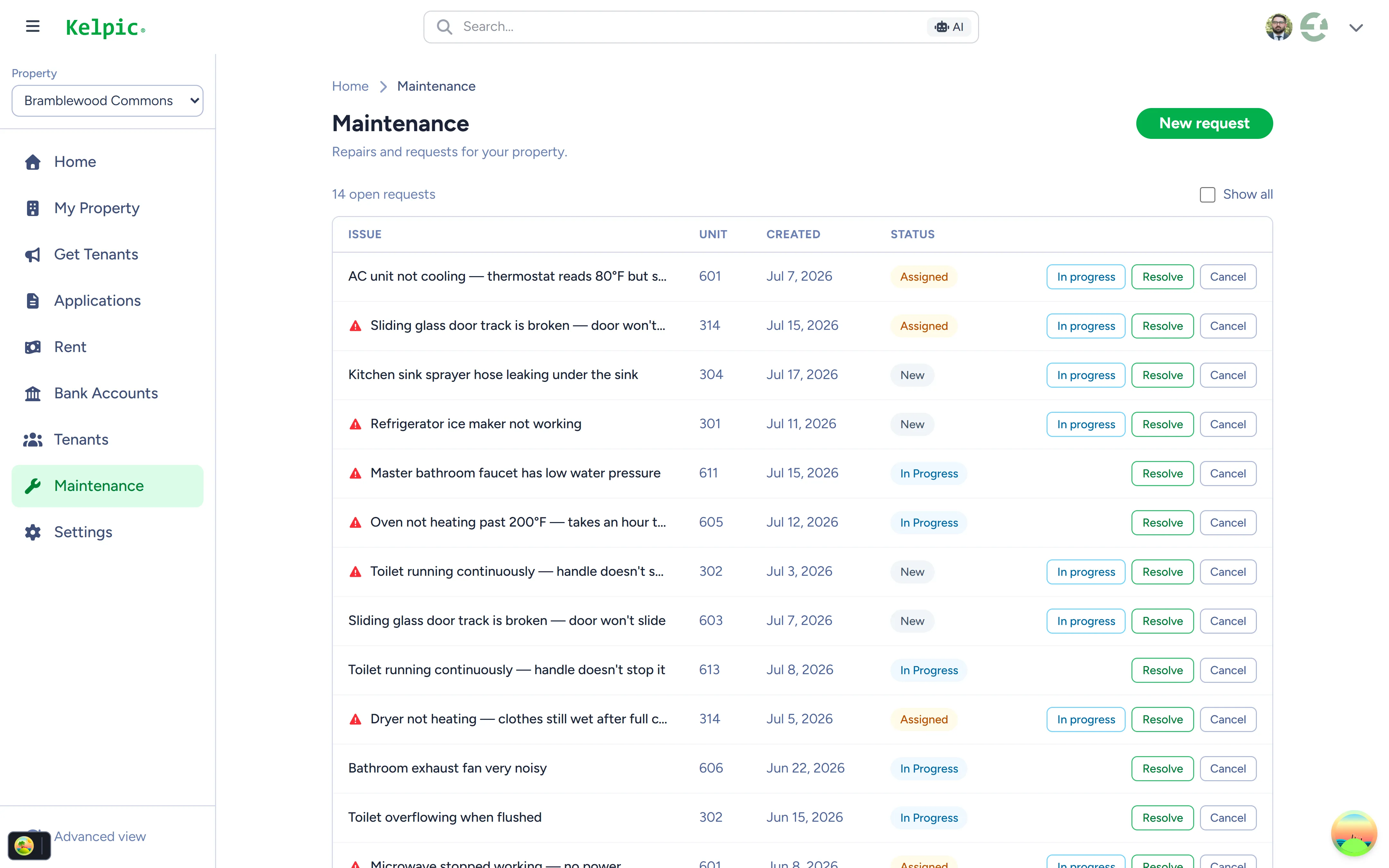 Kelpic® maintenance tracking showing open requests with emergency flags and status updates